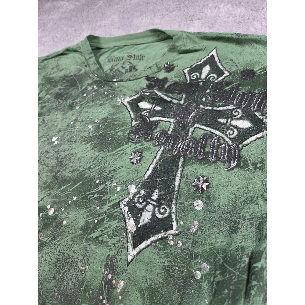 Raw State Mens Large Green Graphic Cross Loyalty Distressed T-Shirt Streetwear - Picture 1 of 8
